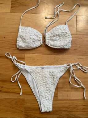 White Textured Tie-Side Bikini Set